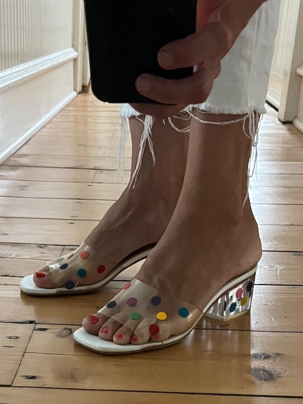 Lisa Says Gah Clear Slide Heels with Multicolor Dots